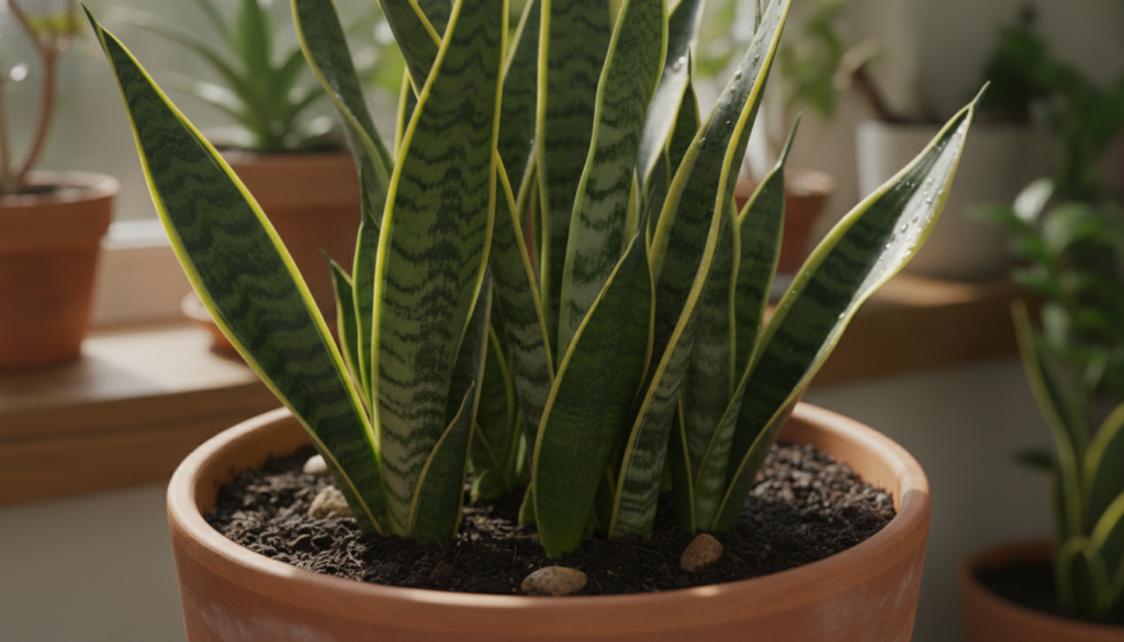 A close-up of a vibrant healthy snake plant with lush upright leaves thriving in a pot The soil looks rich and dark