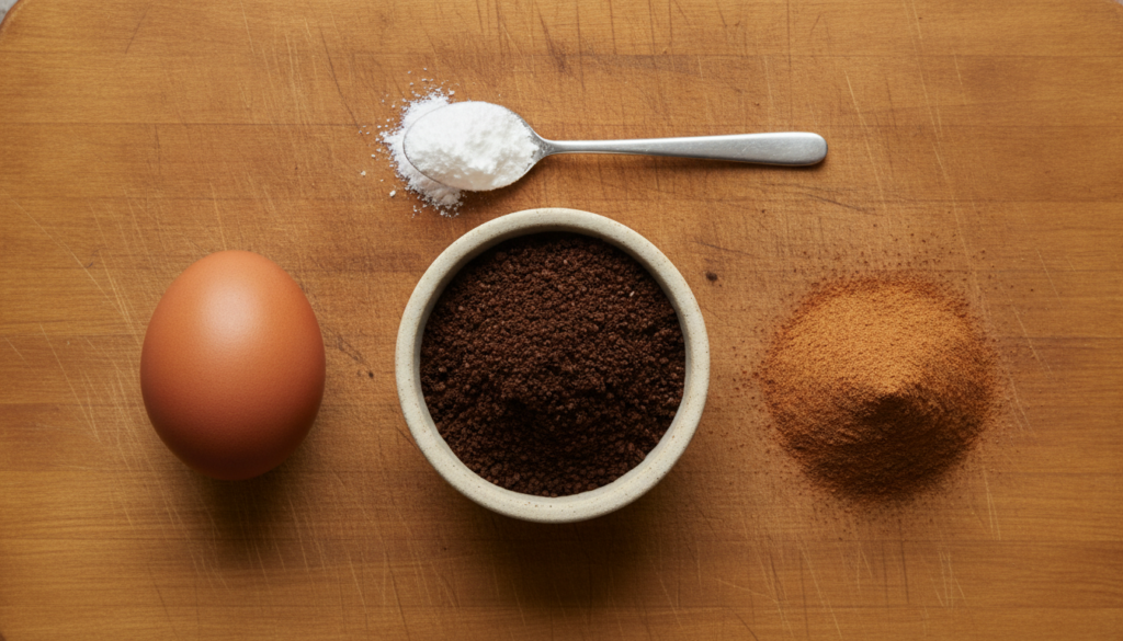 Various kitchen ingredients laid out on a wooden cutting board a whole raw egg a small bowl of coffee grounds a pinch of