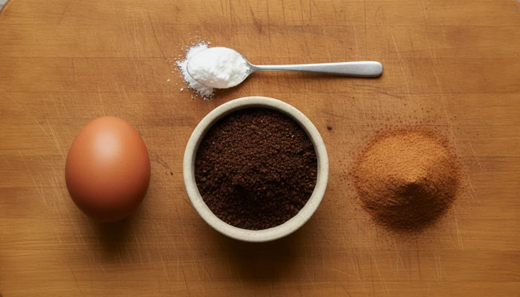 Various kitchen ingredients laid out on a wooden cutting board a whole raw egg a small bowl of coffee grounds a pinch of