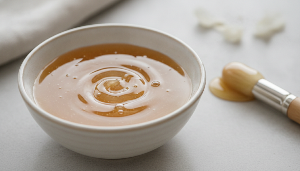 A close-up of a bowl containing a mixture of egg white and honey ready to be applied as a face mask The texture is smoot