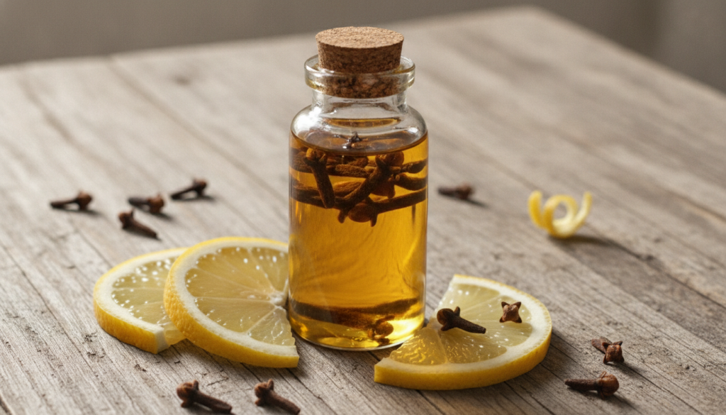 A close-up of a small glass bottle filled with clear oil and whole cloves with lemon slices and more cloves scattered ar