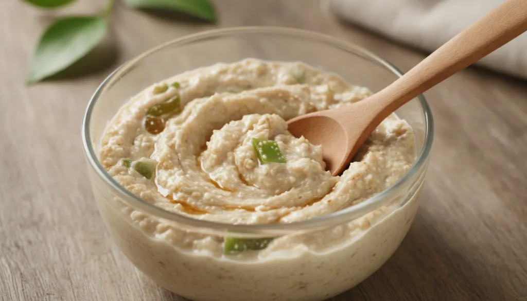 Close-up of a small bowl containing the mixed underarm scrub showing the oatmeal aloe vera and honey blended into a crea