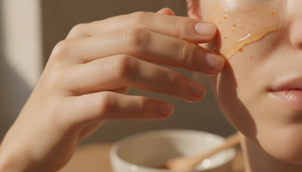 A person s hand gently applying a homemade Vaseline and honey face mask to their cheek with a visible glow on the skin