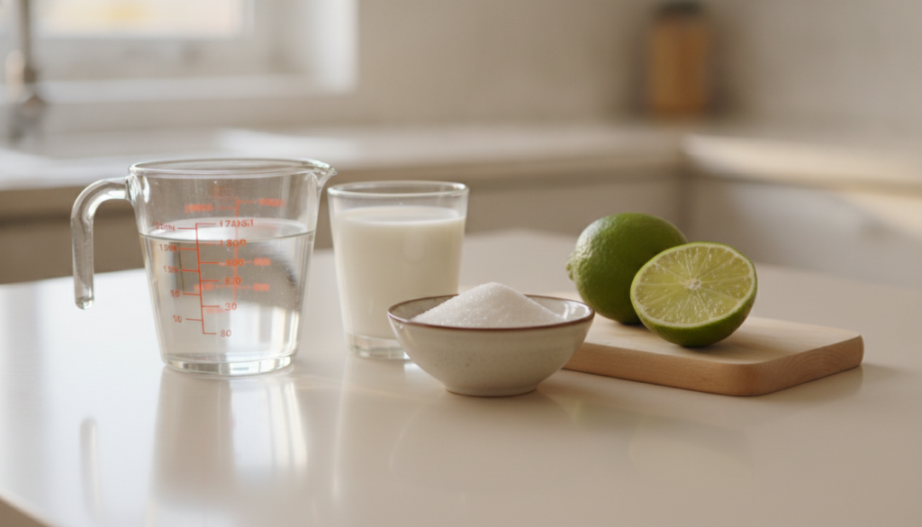 Ingredients for ZZ plant food water milk sugar and a fresh lime neatly arranged on a kitchen counter