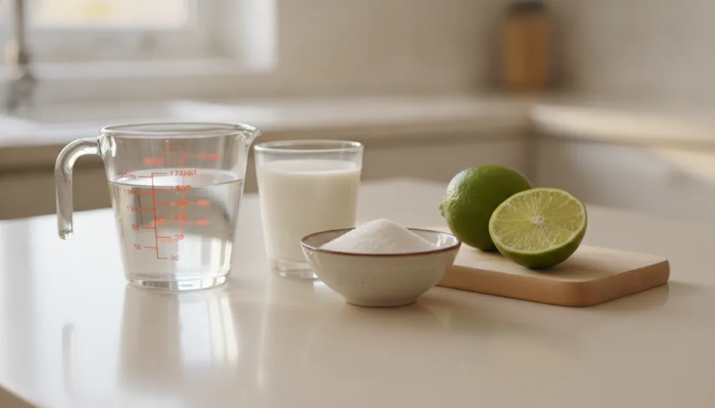 Ingredients for ZZ plant food water milk sugar and a fresh lime neatly arranged on a kitchen counter