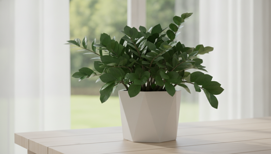 A vibrant healthy ZZ plant with glossy dark green leaves thriving in a decorative pot indoors