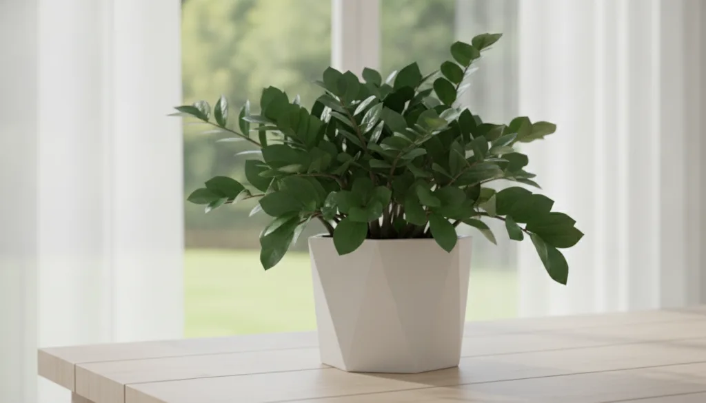 A vibrant healthy ZZ plant with glossy dark green leaves thriving in a decorative pot indoors