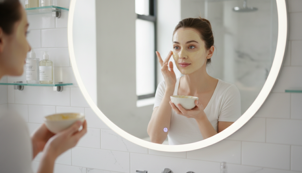 A woman gently applying a thin layer of the Vaseline and egg yolk mask to her clean face with her fingertips in a well-l