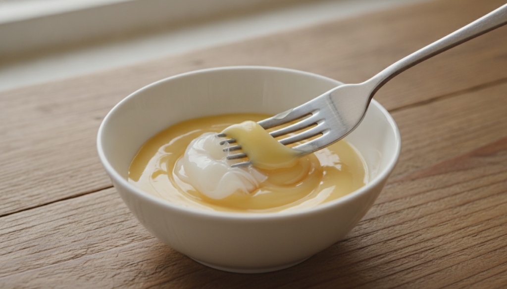 A small bowl containing Vaseline and an egg yolk being mixed together with a fork to create a smooth creamy paste