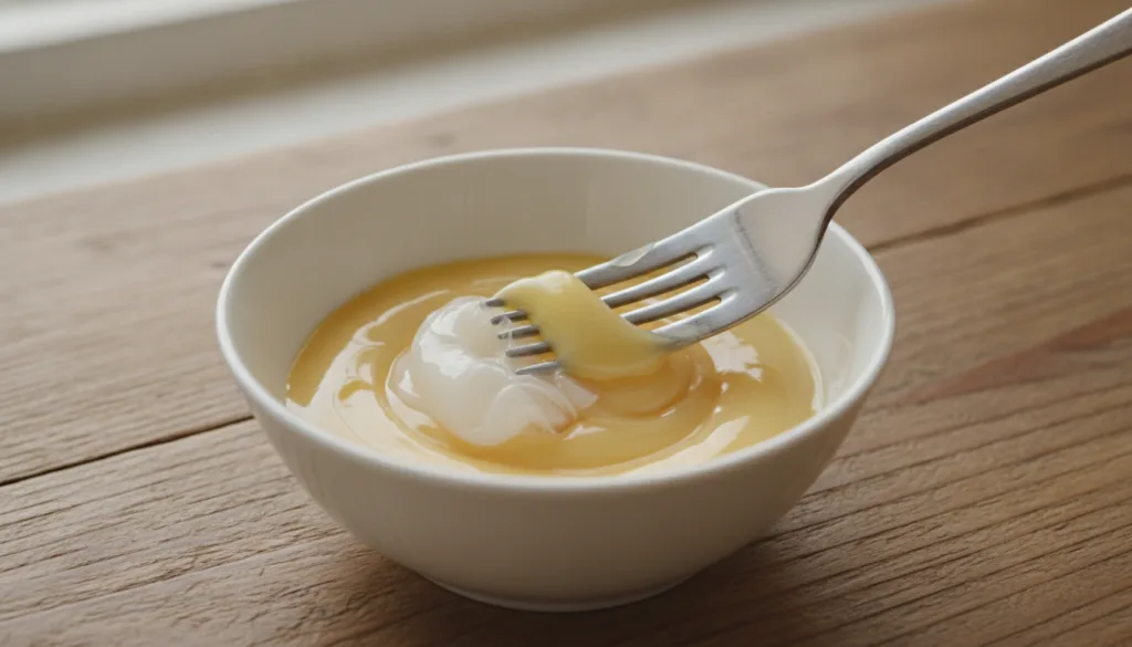 A small bowl containing Vaseline and an egg yolk being mixed together with a fork to create a smooth creamy paste