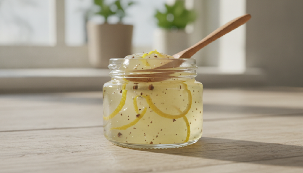 A small clear glass jar filled with a freshly made translucent petroleum jelly balm with tiny specks of lemon zest and c