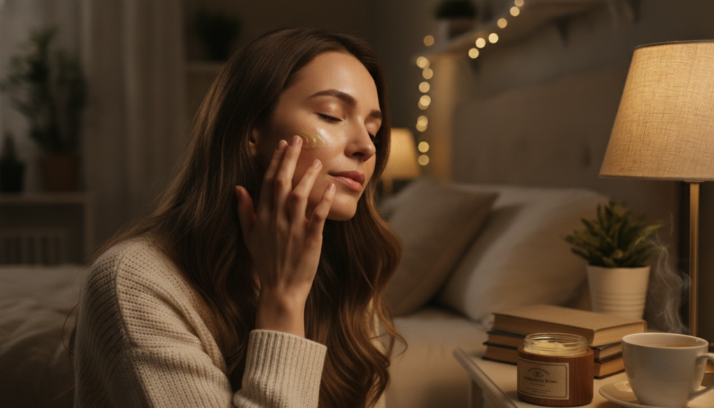 A woman gently applying a small amount of the balm to her cheekbone at night with a soft glowing complexion