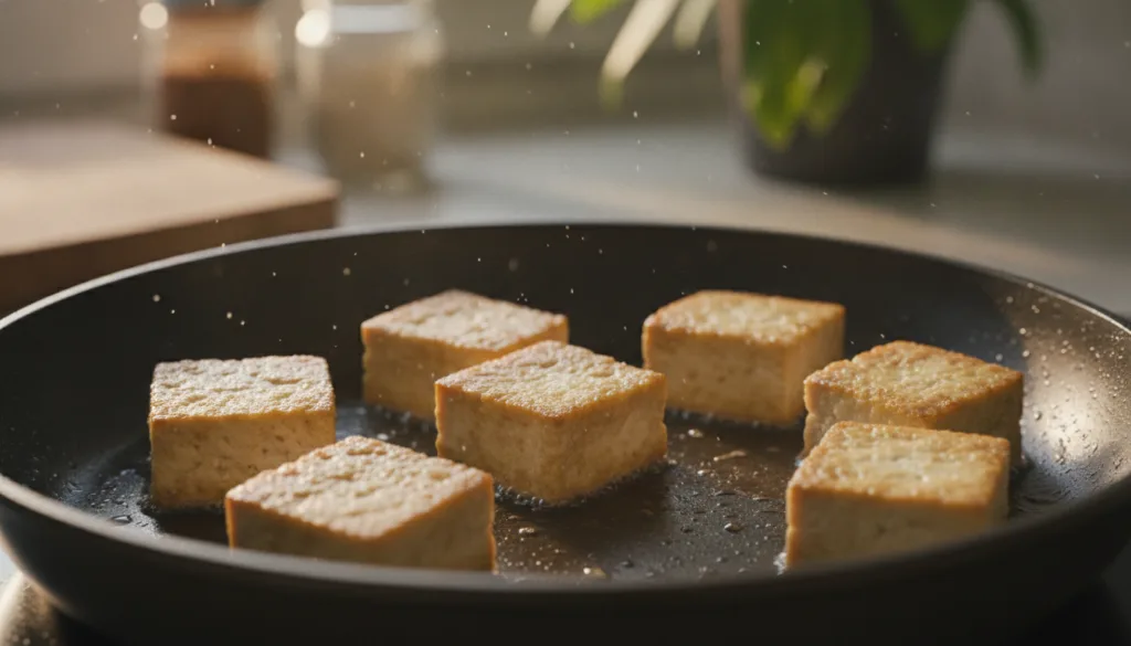 A close-up of tofu cubes being seared to a golden-brown crisp in a hot pan Steam rises gently and the tofu shows a perfe