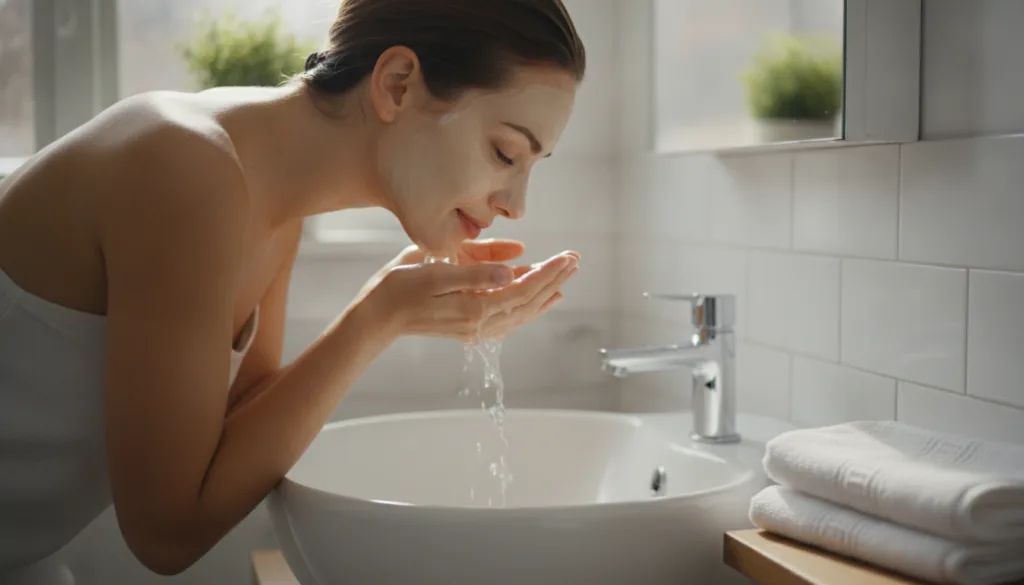 A woman gently rinsing her face after removing a homemade face mask with a soft towel nearby Her skin looks fresh and cl