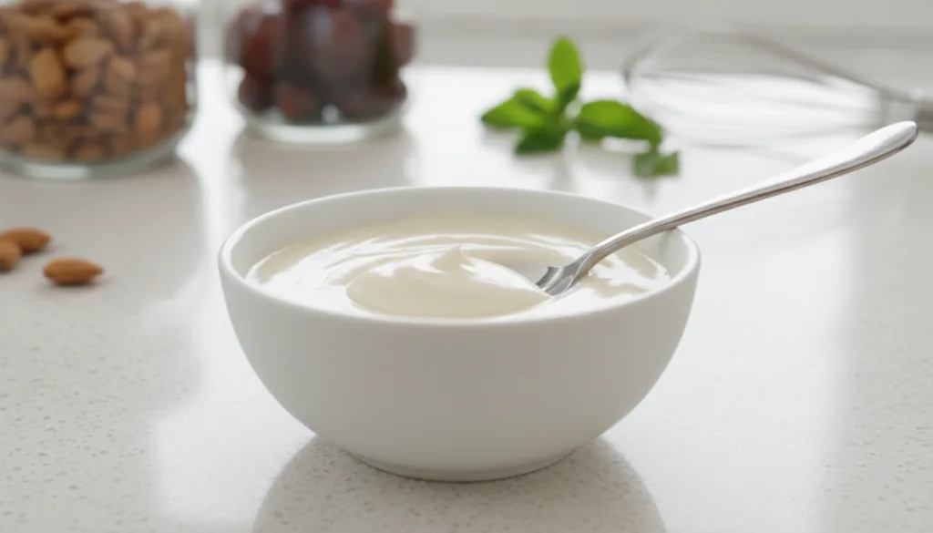 A close-up shot of a small bowl containing a smooth creamy white paste with a spoon resting in it Ingredients like corns