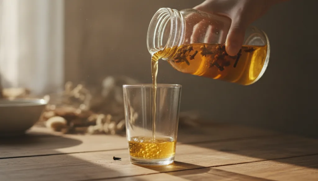 A hand pouring golden infused clove water from a glass jar into a small clear drinking glass with steam gently rising se