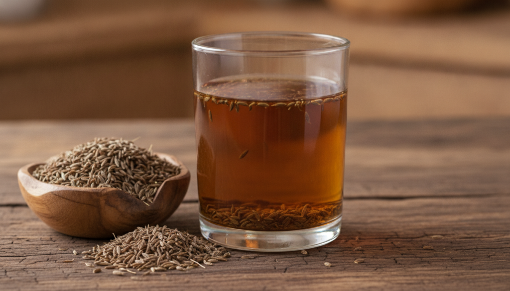 A close-up of a glass of amber-colored cumin water with a few floating seeds next to a small bowl of dry cumin seeds on