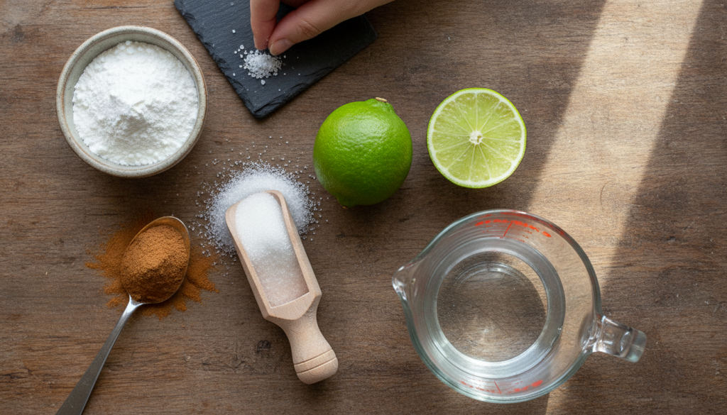 All the ingredients for the homemade plant food laid out milk powder coarse salt cinnamon powder granulated sugar fresh