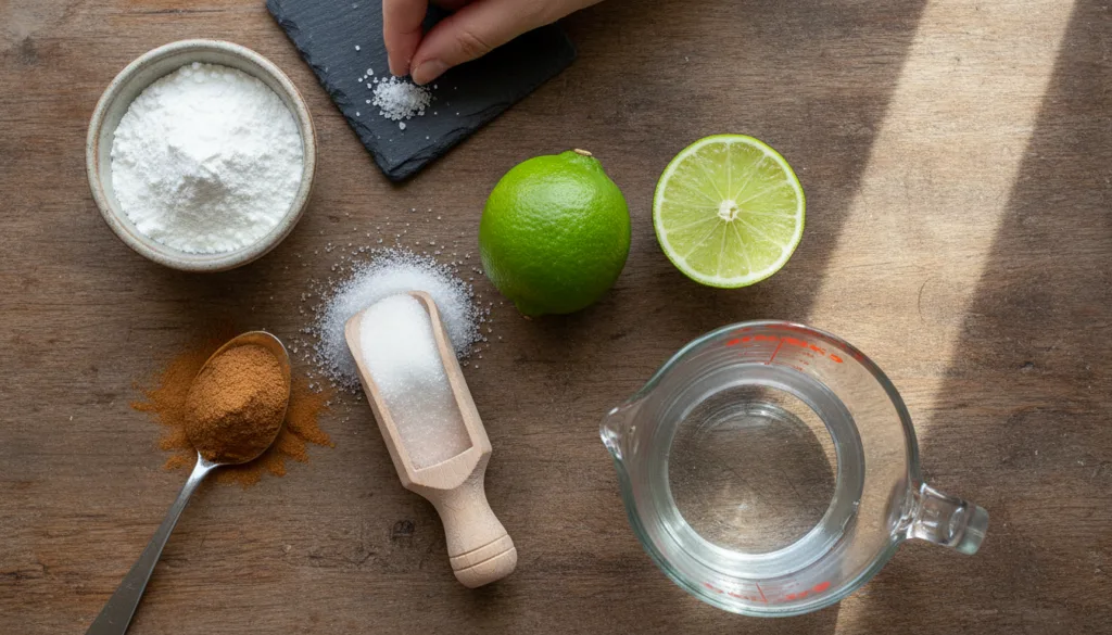 All the ingredients for the homemade plant food laid out milk powder coarse salt cinnamon powder granulated sugar fresh 