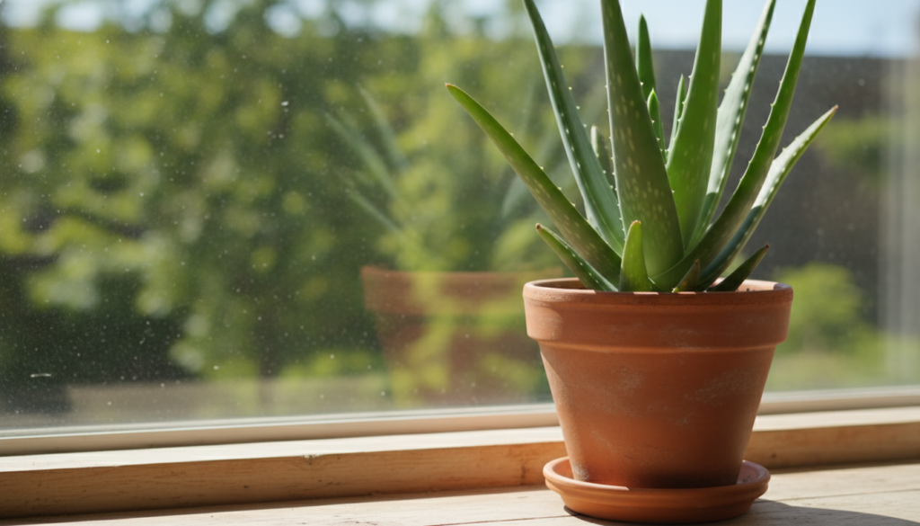 A well-fed healthy aloe vera plant thriving in a sunny indoor spot with vibrant green leaves and a lush appearance