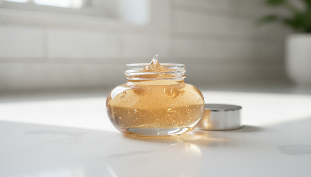 Close-up of a glass jar filled with the freshly made Vaseline glow gel showing its smooth translucent texture ready for 