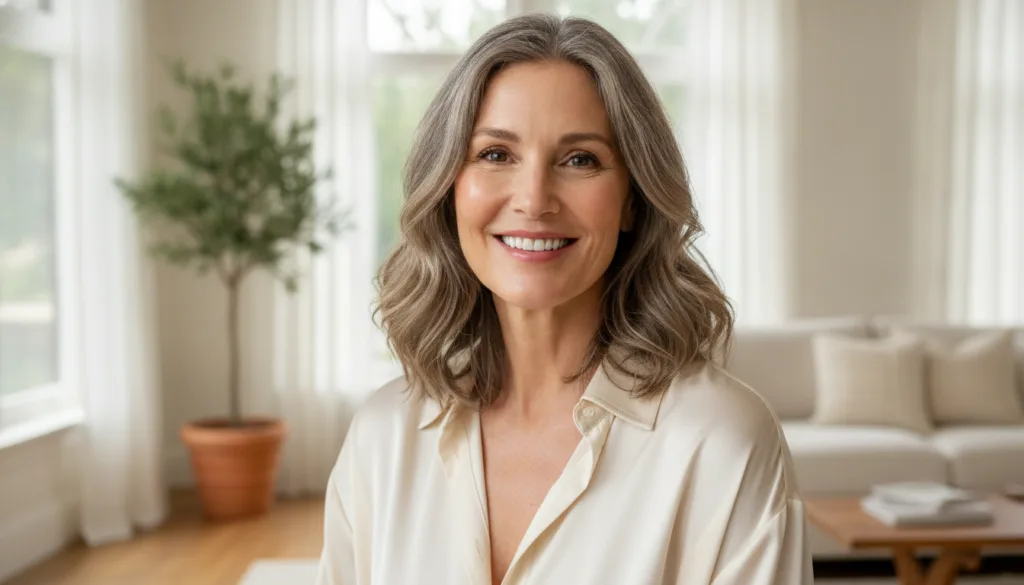 A woman in her late 50s with radiant youthful skin smiling looking confidently at the camera Her skin appears plump and 
