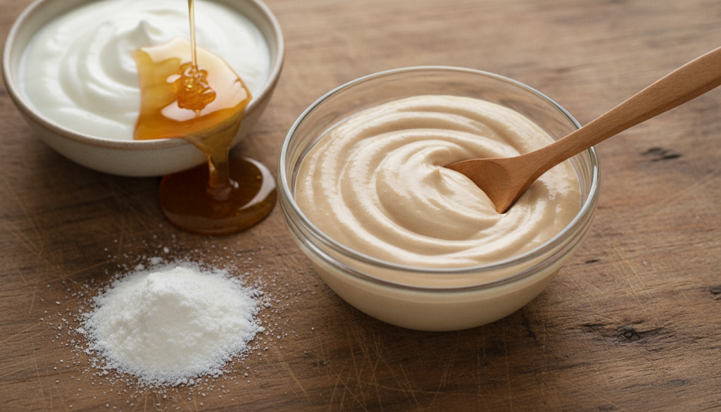 A small glass bowl containing a creamy light beige face mask mixture with a wooden spoon Ingredients like collagen powde