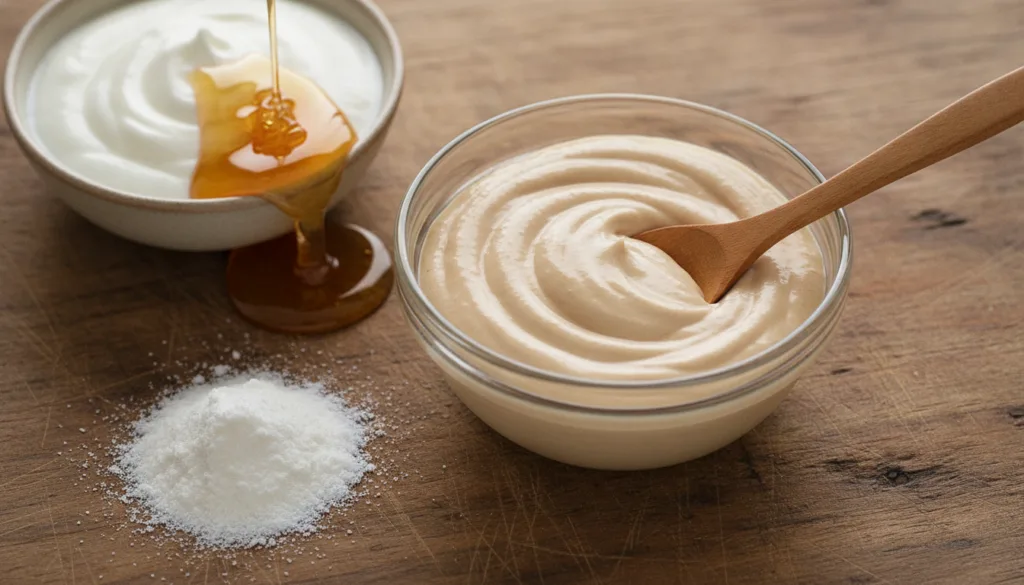 A small glass bowl containing a creamy light beige face mask mixture with a wooden spoon Ingredients like collagen powde