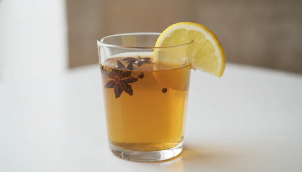 A refreshing glass of golden amber clove water possibly with a slice of lemon on a light background conveying wellness