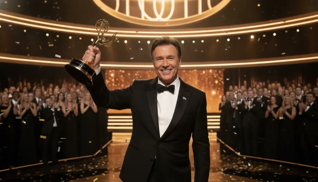 Kelsey Grammer accepting an Emmy Award for his role as Frasier Crane at an awards ceremony dressed in formal attire