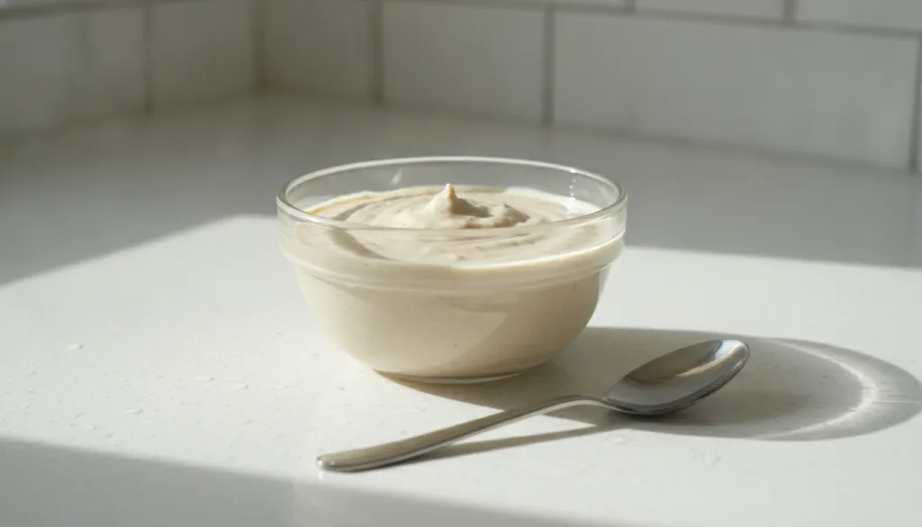 A small glass bowl containing a creamy light-colored mixture of a face mask with a spoon beside it on a clean light surf
