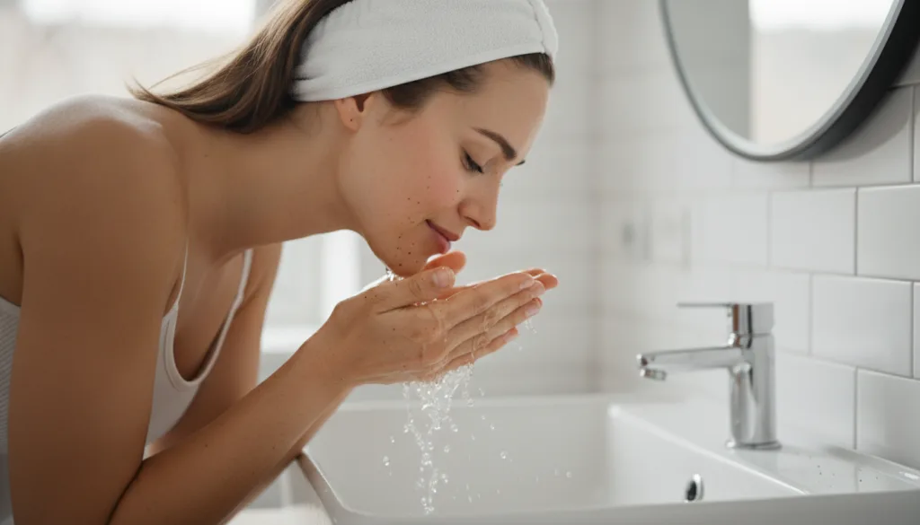 A woman gently rinsing a coffee and baby oil mask from her face over a sink with water splashing Her skin looks refreshe