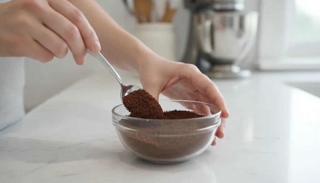 A person s hands mixing coffee grounds and baby oil in a small bowl with a spoon creating a thick paste The background i
