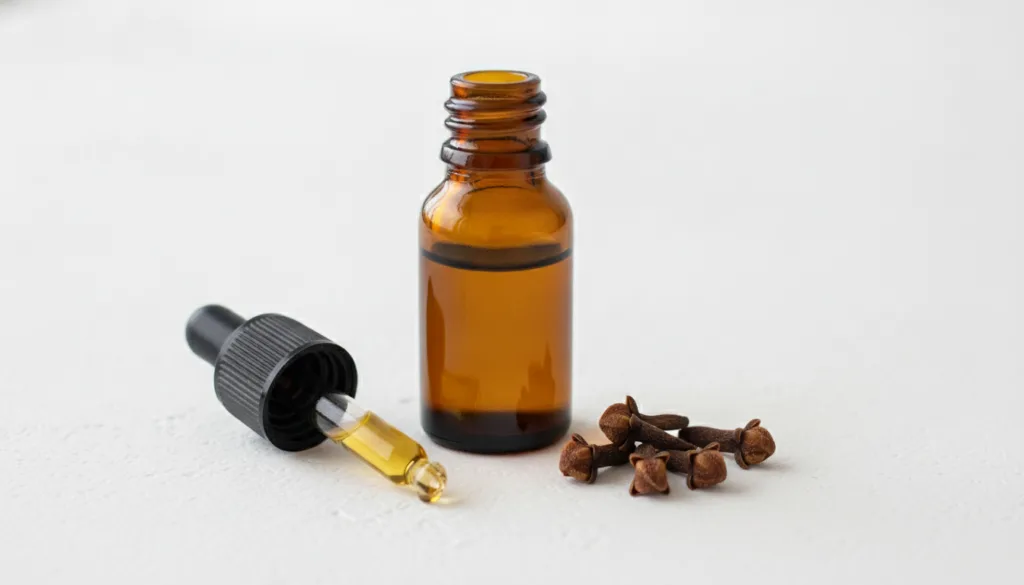 A small dark glass dropper bottle filled with golden clove oil perhaps with a few whole cloves resting next to it on a c