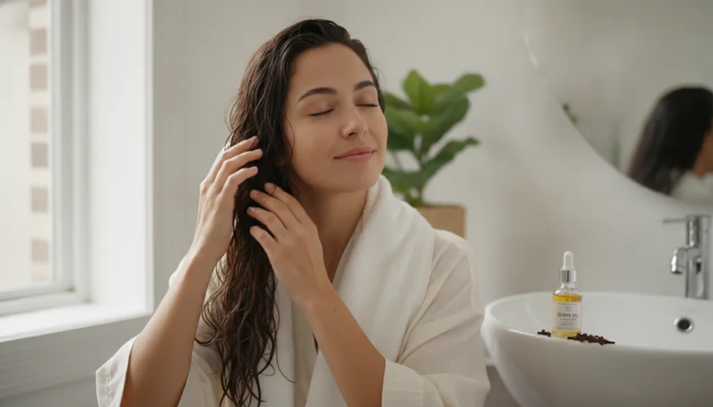 A woman gently massaging clove oil into her hair with a blissful expression suggesting self-care and natural beauty