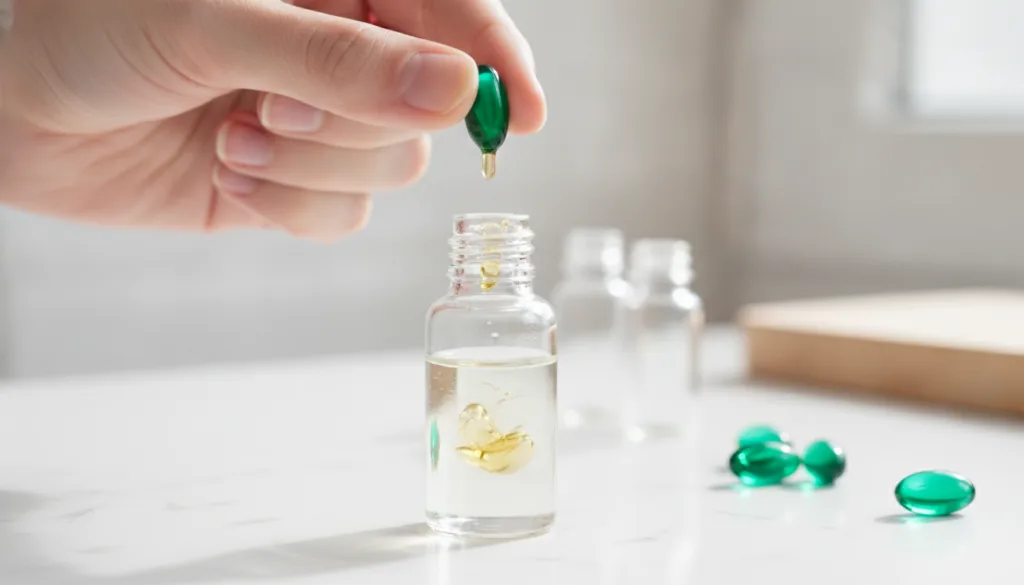 A close-up of a hand squeezing a Vitamin E capsule s oil into a bottle of baby oil demonstrating the DIY mixing process