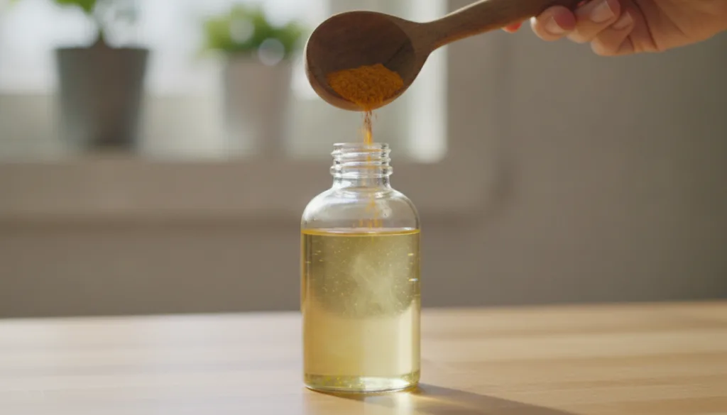 A wooden spoon gently sprinkling a small amount of bright yellow turmeric powder into a clear bottle of baby oil showing