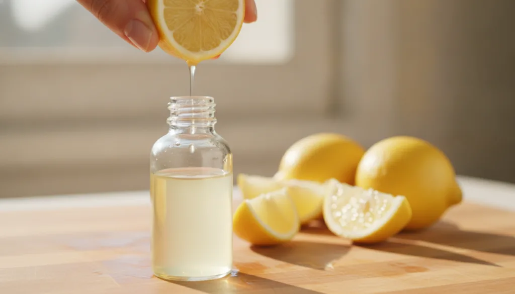 Freshly sliced lemons on a cutting board next to a clear bottle of baby oil with a hand adding a few drops of lemon juic