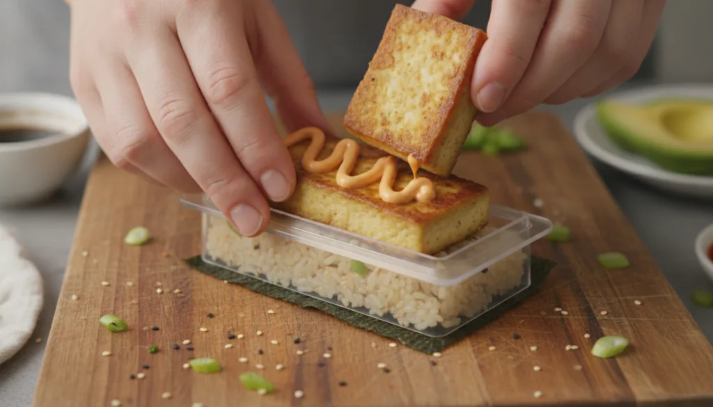 Hands using a musubi mold to press layers of seasoned sushi rice a slice of pan-fried vegan spam tofu tempeh and a dollo