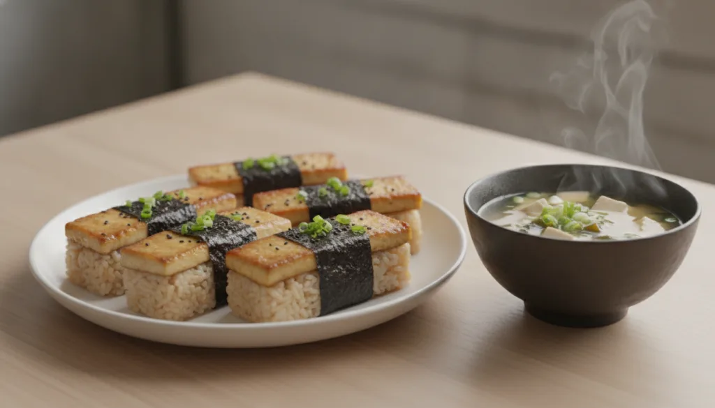 A beautifully arranged plate of freshly made vegan musubi each piece wrapped perfectly in nori and showcasing the layers