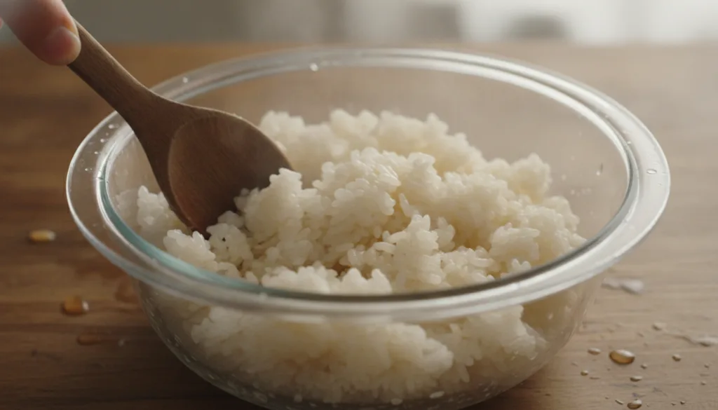 A close-up shot of fluffy cooked sushi rice in a large mixing bowl with a spoon gently folding in a clear liquid rice vi
