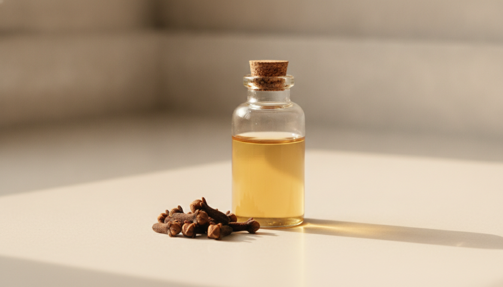 A small clear glass bottle filled with golden clove-infused oil placed next to a few dried cloves on a clean light-color