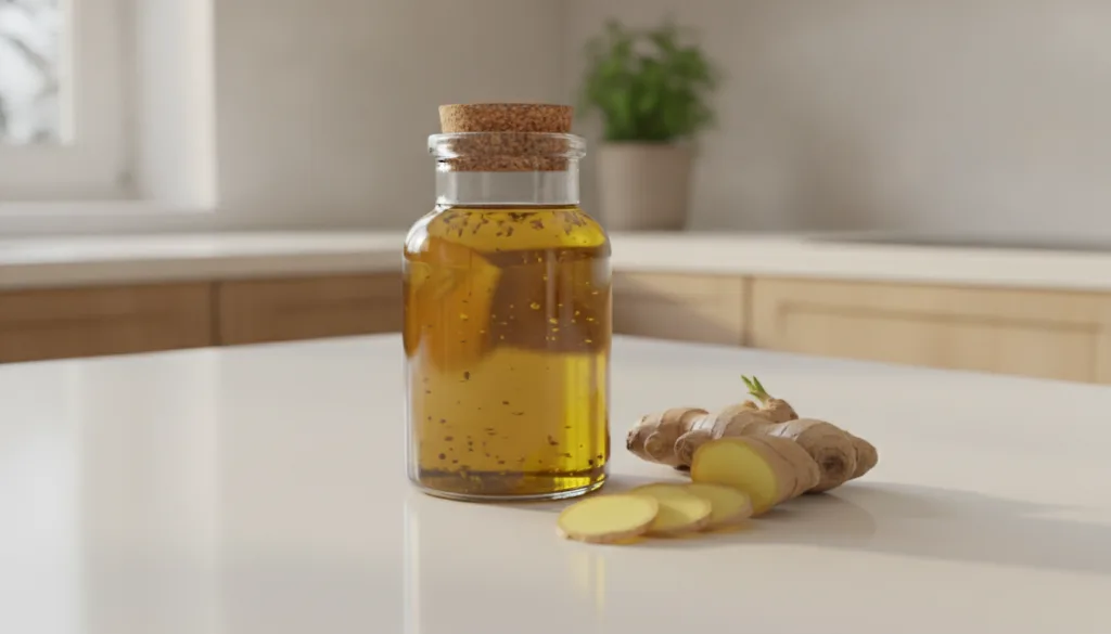 A small clear glass jar filled with golden ginger-infused olive oil with a few slices of fresh ginger next to it on a cl