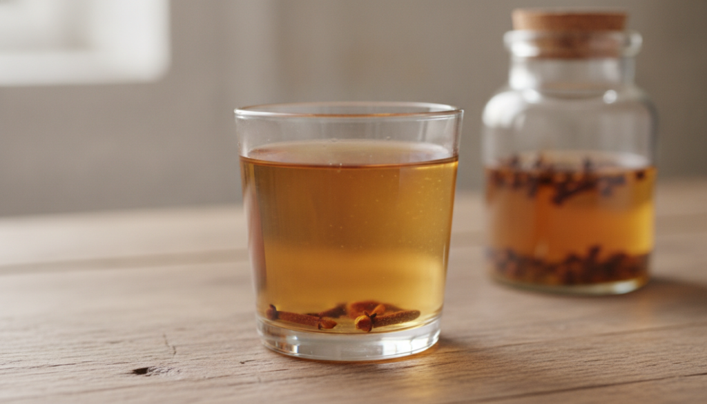 A small glass of golden-amber clove water on a wooden surface with the corked jar of infused cloves visible in the backg