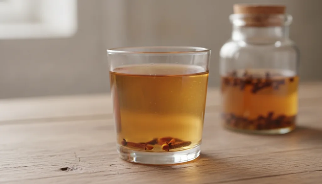 A small glass of golden-amber clove water on a wooden surface with the corked jar of infused cloves visible in the backg