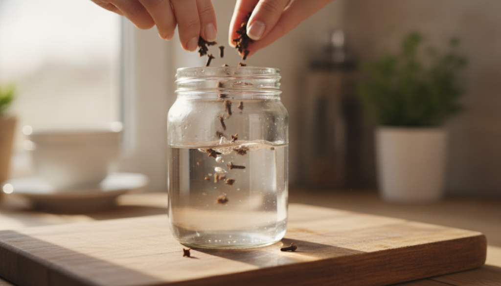 Hands adding dried cloves to a clear glass jar filled with water on a wooden cutting board with a cork stopper nearby