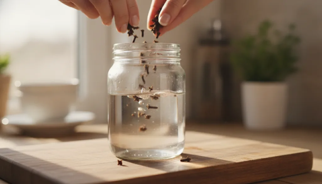 Hands adding dried cloves to a clear glass jar filled with water on a wooden cutting board with a cork stopper nearby