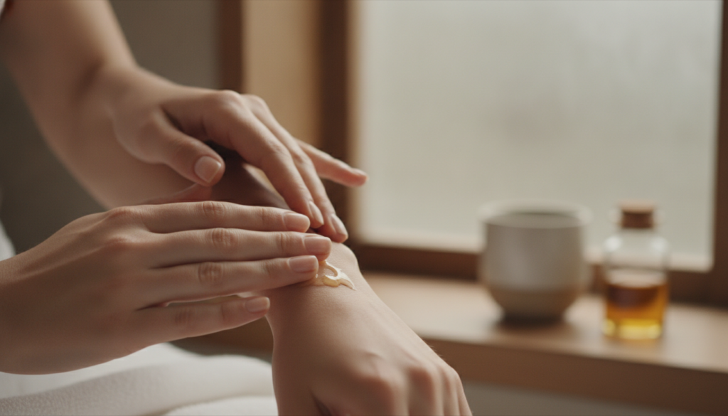 A woman s hand gently massaging clove-infused oil into her arm showing smooth skin and a relaxing scene