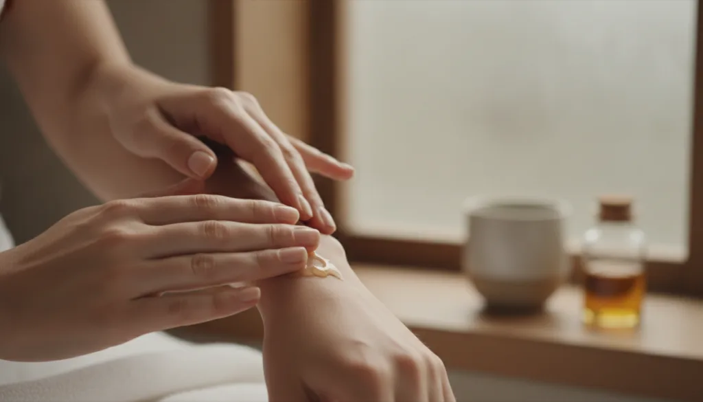 A woman s hand gently massaging clove-infused oil into her arm showing smooth skin and a relaxing scene
