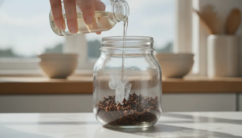 A close-up of crushed whole cloves at the bottom of a clear glass jar with baby oil being poured over them